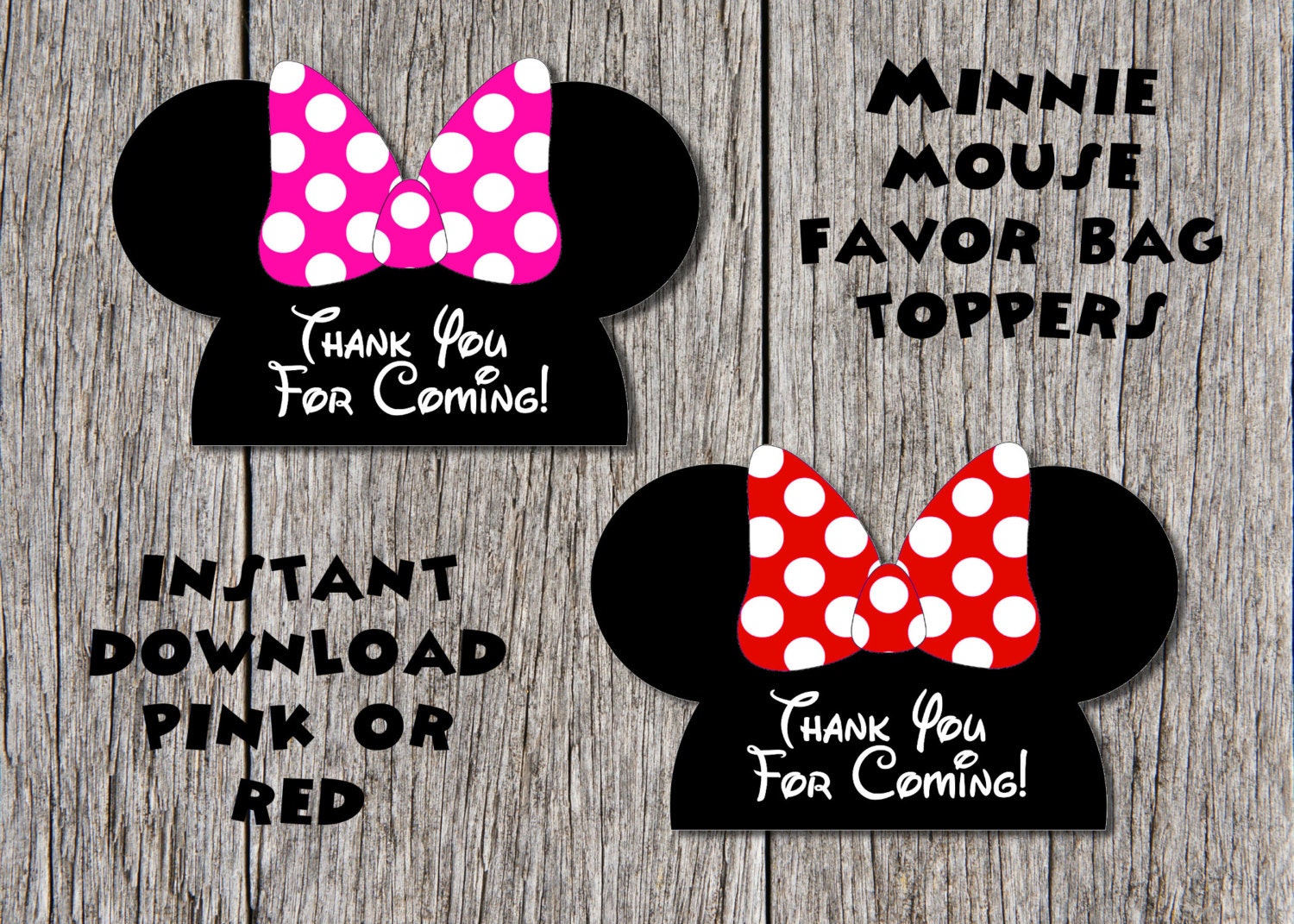 INSTANT DOWNLOAD Minnie Mouse Favor Bag Topper / Pink or Red / DIY Printable / Thank You Il_570xn
