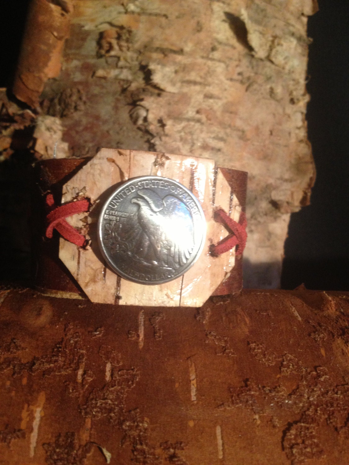 BRACELET Native American Mohawk Birch Bark with Coin Design