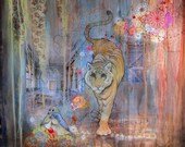 6"x7"  limited edition fine art tiger print.  reproduction on wood with resin. blue and orange floral tiger print