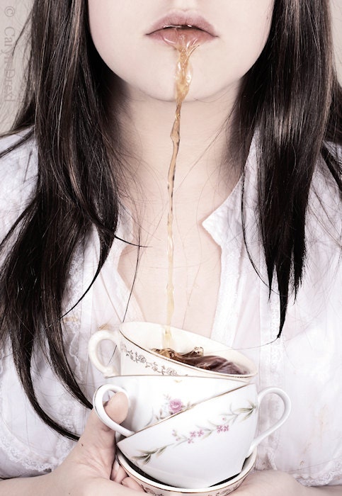 Tea Time - FREE SHIPPING - Print Teacup White Brown Girl Fountain Spitting Leaking Mouth Surreal Portrait Creepy Pink Strange