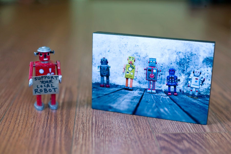 4x6 photo block - "Identity Parade" -  fine art photography - robot toy photography - vintage robots - nerd love