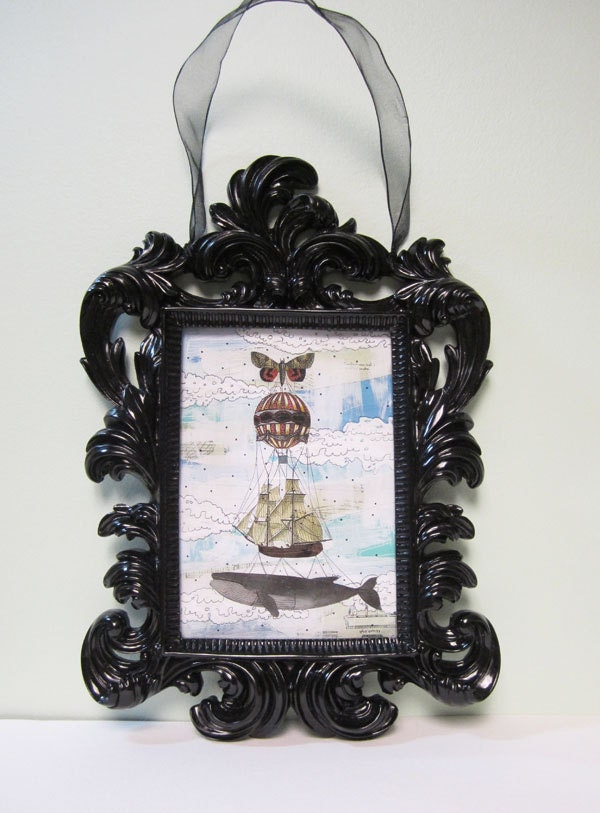Whale Art , Framed Whale Illustration , Hot Air Balloon Art , Mixed Media Collage Art Print , Whimsical Art