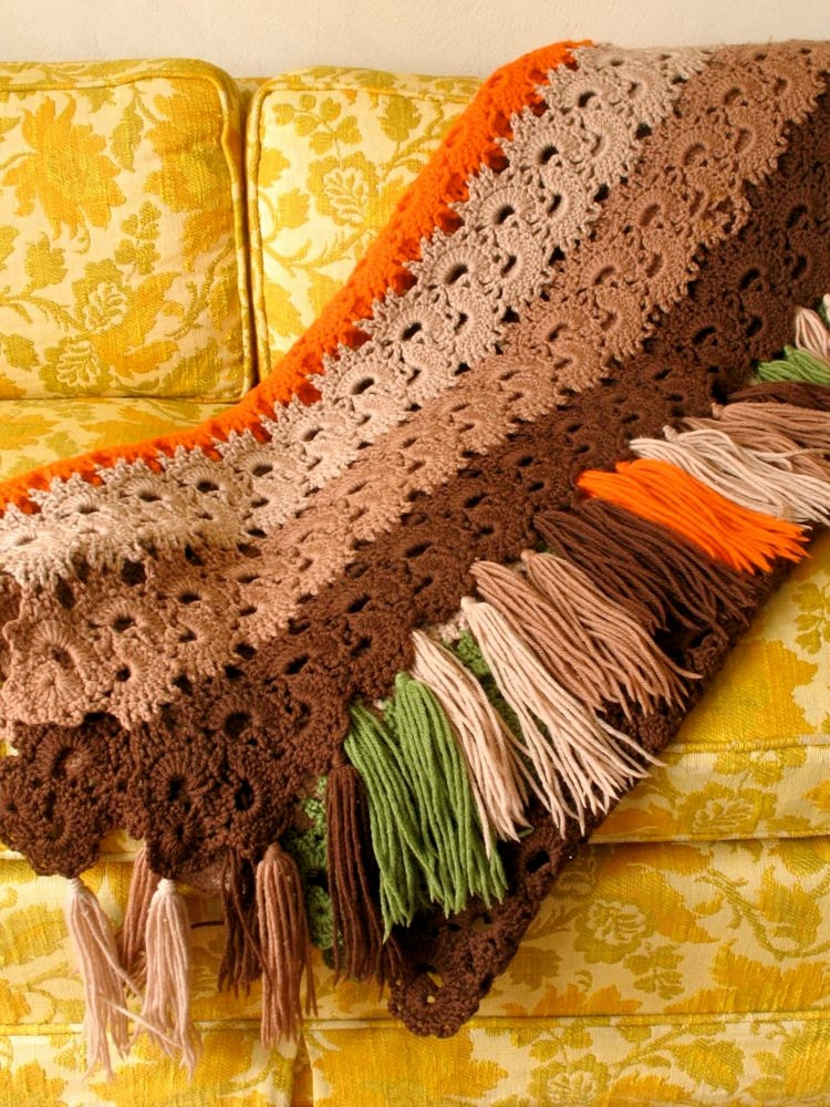 Vintage Crocheted Afghan Throw Blanket Fall Colors Wool Blend