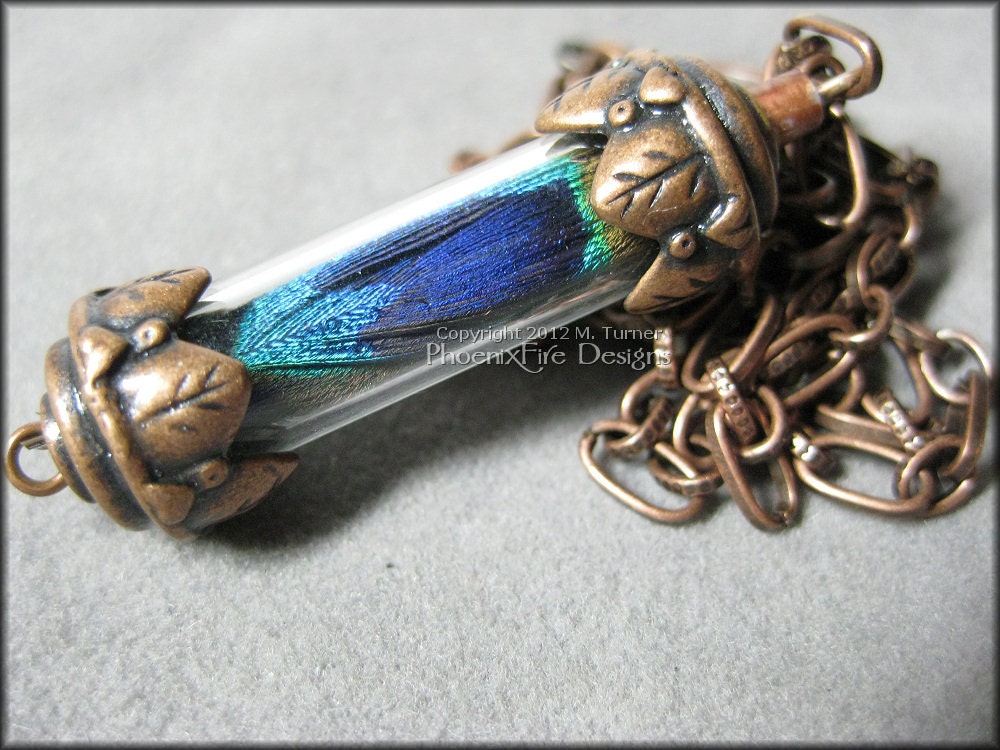 Peacock Feather In Steampunk Copper Vial Glass Tube Decorative Leaf Victorian Style Bronze Vintage Style - PhoenixFireDesigns