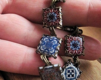Handmade Tile Charm Bracelet, Gothic Travel Souvenir, Moroccan jewelry, Portuguese, Spanish, Extremadura, old world hand hammered brass, mto
