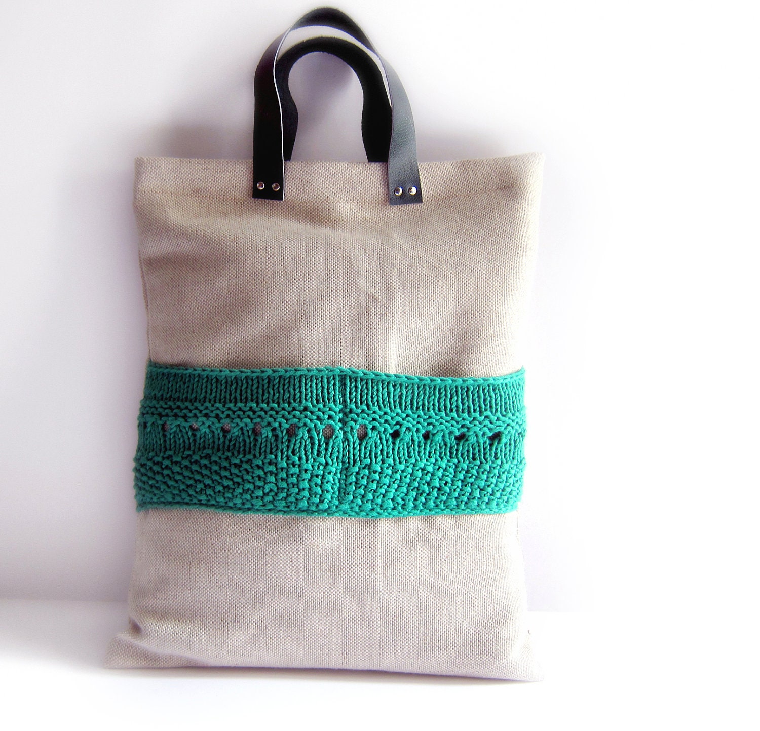 Linen tote knitted bag large emerald green purse cotton knit pocket leather handles memake handmade handbag fashion