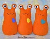 Handmade Slug, Stuffed Animal Plush Doll Art Toy, Hug Me Slug, Personalized Tag, Orange Fleece, You Choose Heart Color, 9 inch, Custom-made