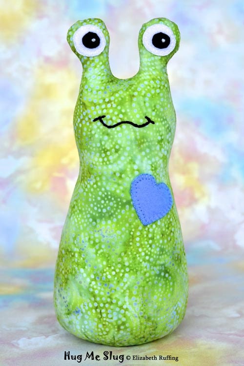 Handmade Slug, Stuffed Animal Cloth Doll Baby Art Toy, Hug Me Slug, Personalized Tag, Green Batik, Turquoise, 7 inch, Ready-made