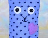 Handmade Sock Cat, Stuffed Animal Sock Doll Art Toy, Hug Me Kitten, Personalized Tag, Blue, Navy, Polka Dots, Orchid, 8 inch, Ready-made