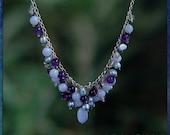 Sterling Silver, Blue Lace Agate, Amethyst, Quartz & Fresh Water Pearl 'Cluster' Necklace, Handcrafted in Blue, Purple, Lilac, Clear Stones