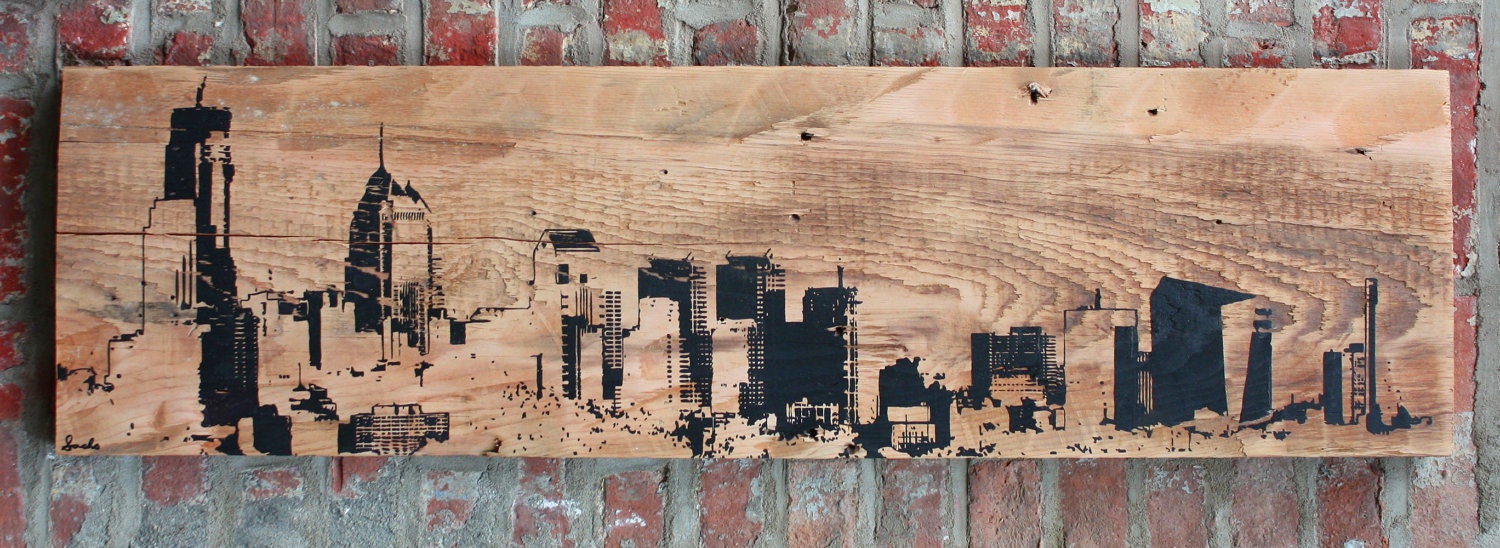 Philadelphia Skyline Wall Hanging on Reclaimed Barn Wood - 12"x48"