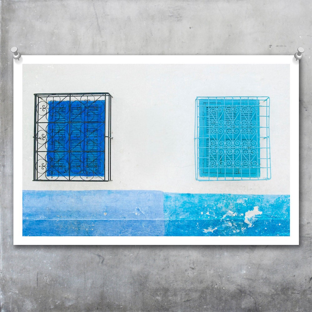 Moroccan Travel Photo - blue shuttered windows in white wall poster home decor wall art - fine art photography