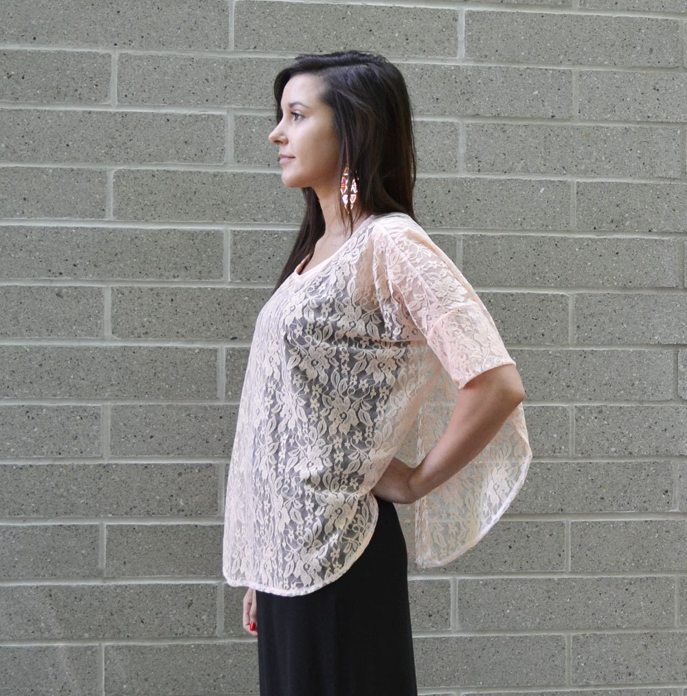 Poncho, blouse, top, Peach floral lace, curved hem and side vents.  One size