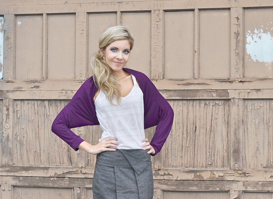 Fall fashion women's cocoon shrug in plum bamboo jersey -  custom made with 3/4 sleeves