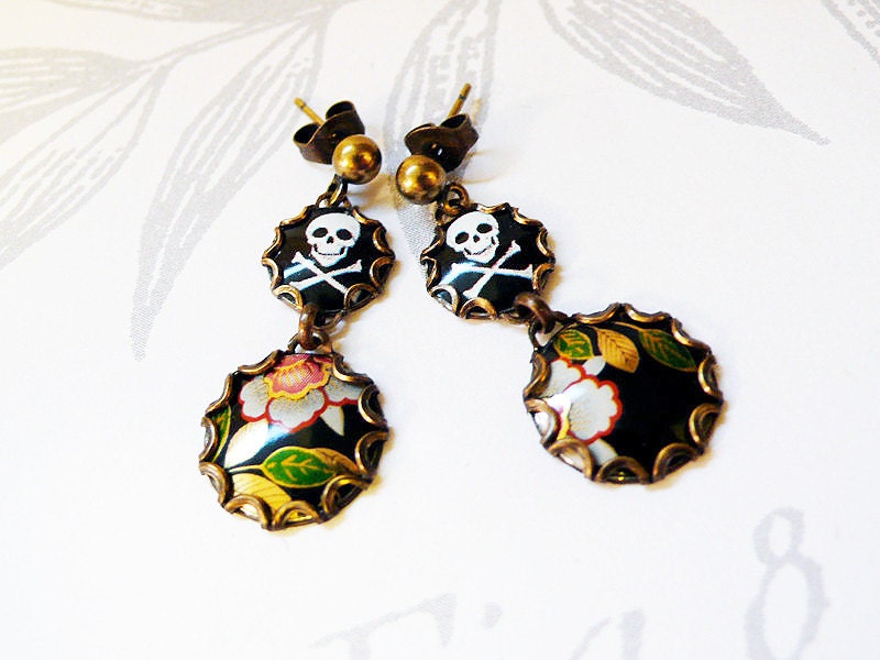 skulls and flowers - vintage tin earrings