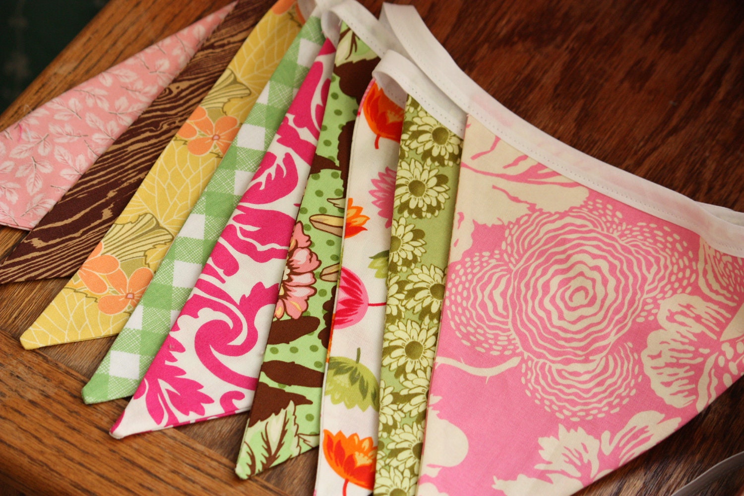 Fabric Bunting Banner Party Flags, One of a Kind, Designer's Choice in Pink, Green, Brown. Ready to Ship.