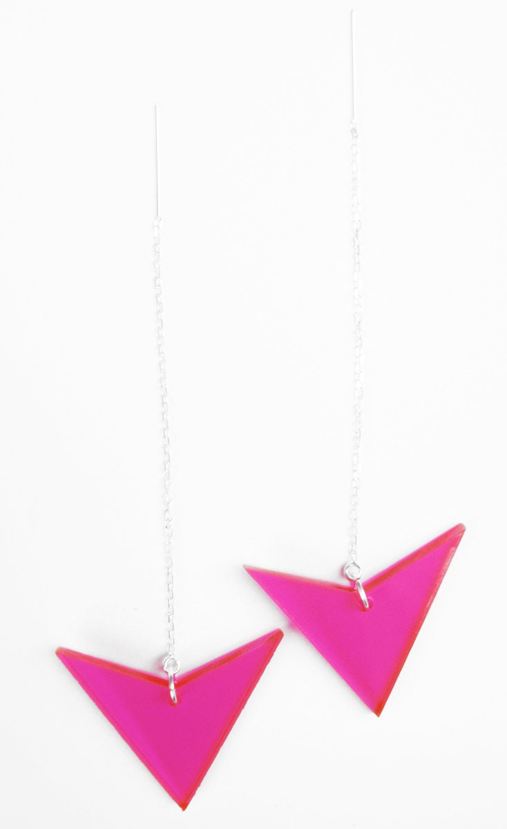 neon pink acrylic heart triangle earrings