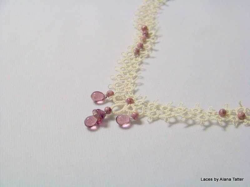 Mauve, Purple and Cream Tatted Lace Necklace with stone and glass beads