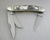 Scrimshaw Pocket Knife with Nautical design, ship, anchor, ropes