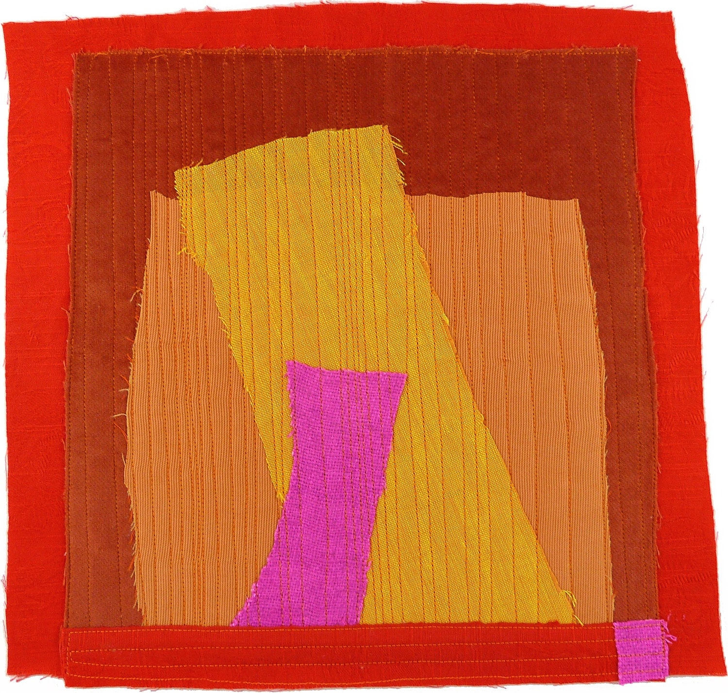 9.6.2012 small art quilt, contemporary, abstract, square, orange, red, neon pink, yellow orange, rust