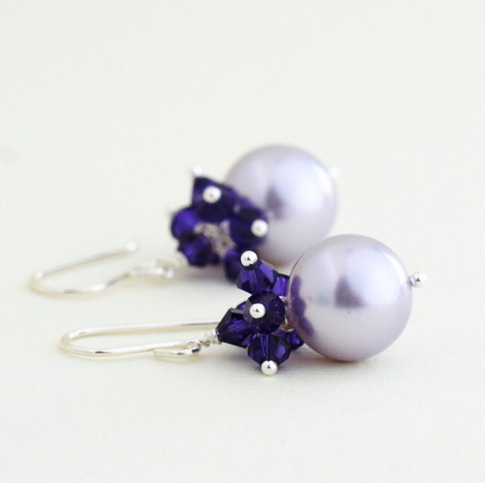 SALE, Mauve Pearl Earrings, Purple Crystal Earrings, Sterling Silver, Elegant Earrings