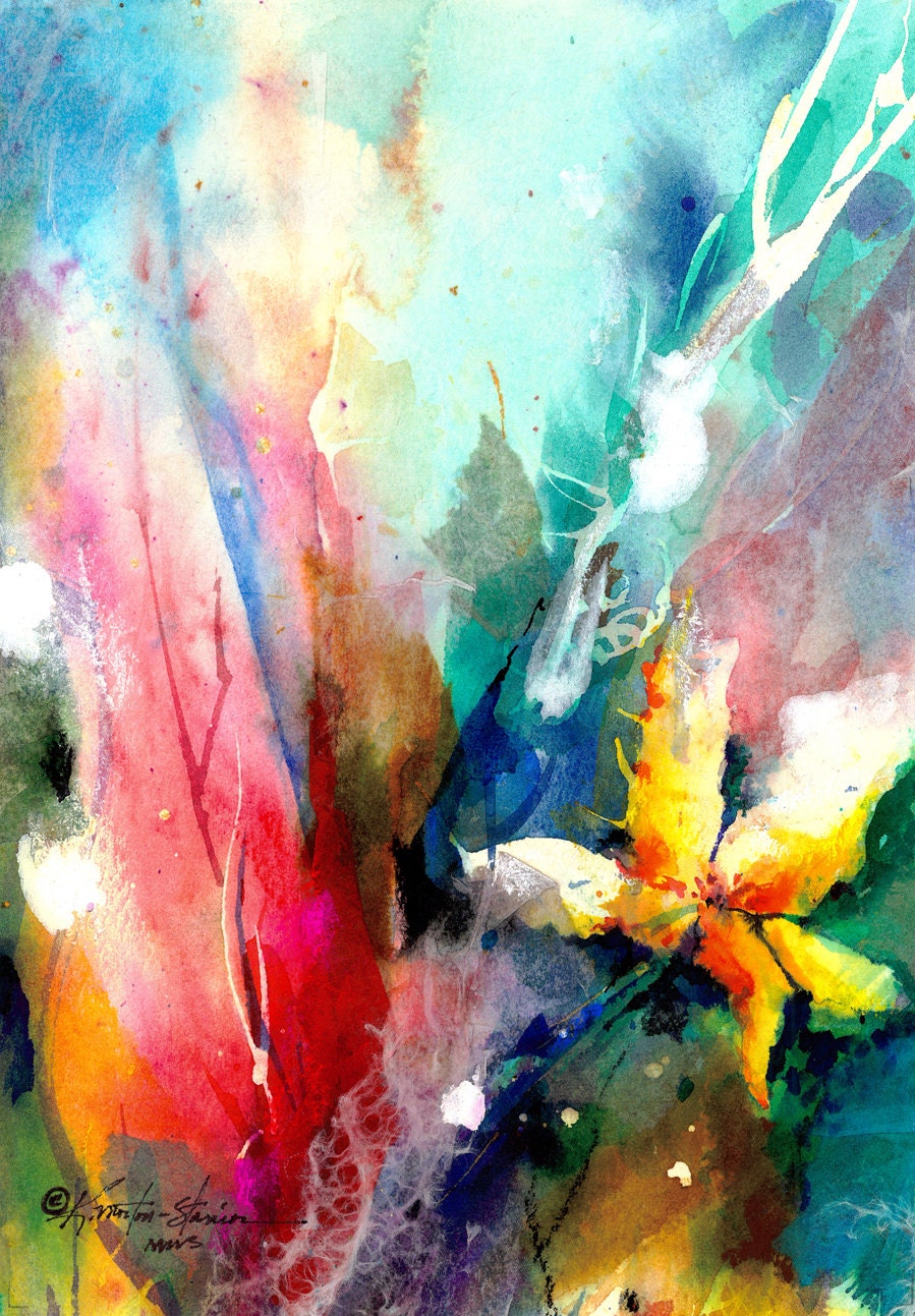 Yellow Flower... Original mixed water media and collage contemporary art painting by Kathy Morton Stanion EBSQ