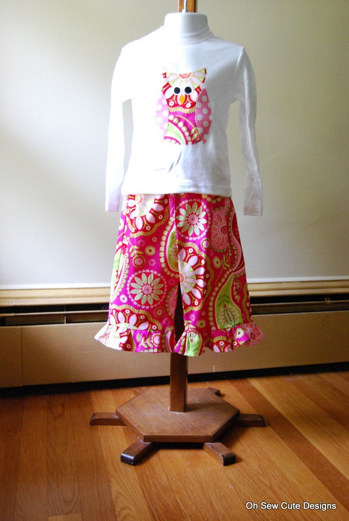 Cute Gypsy Owl with Matching Gypsy Paisley Ruffle Pants--Sizes 6 month- 8 Girls