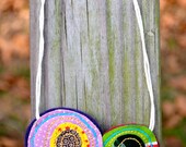 fiber art circles necklace, upcycled fabric circle necklace, hippie patchwork necklace abstract