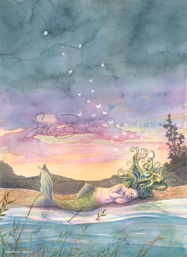 Mermaid Art Print Sleeping Mermaid with Butterflies