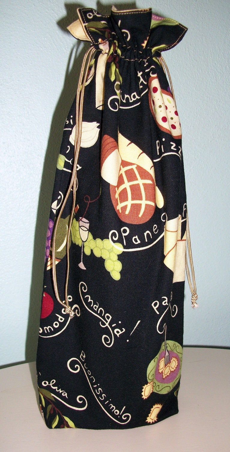 Mangia Wine Bottle Bag - Reversible - Reusable - Drawstring