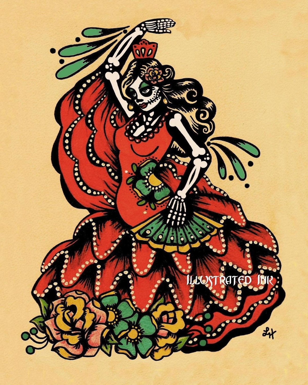 Day of the Dead Art FLAMENCO Dancer Dia de los Muertos Print 8 x 10