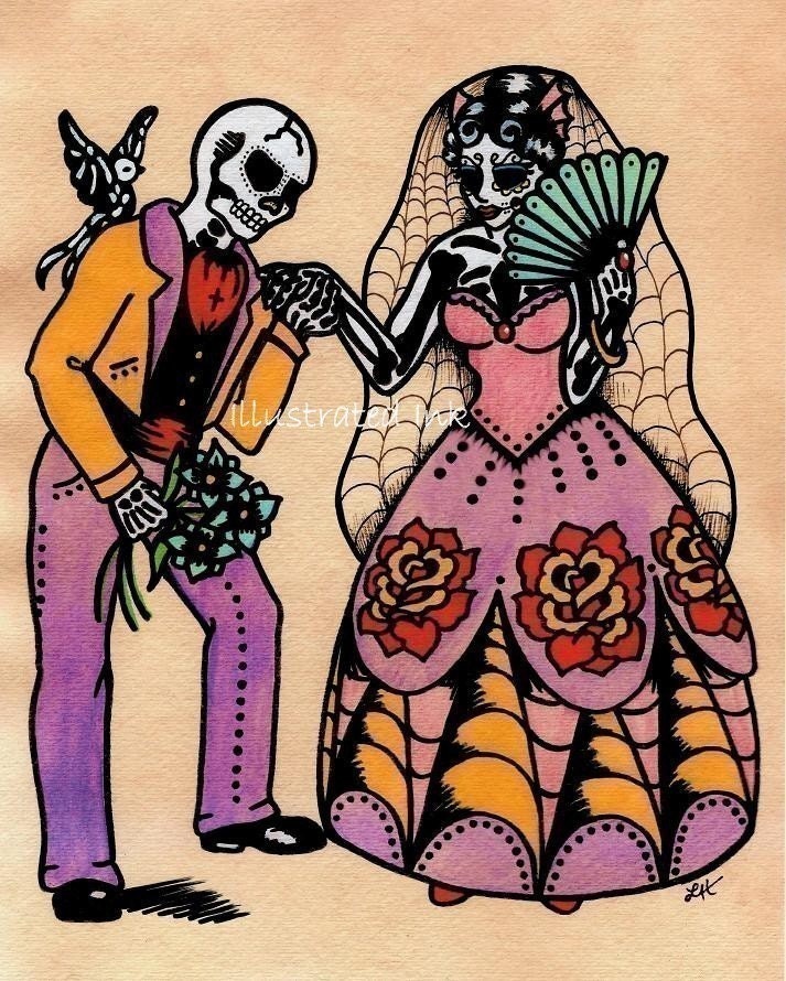 Dia de los Muertos WEDDING COUPLE Day of the Dead Art Print 8 x 10