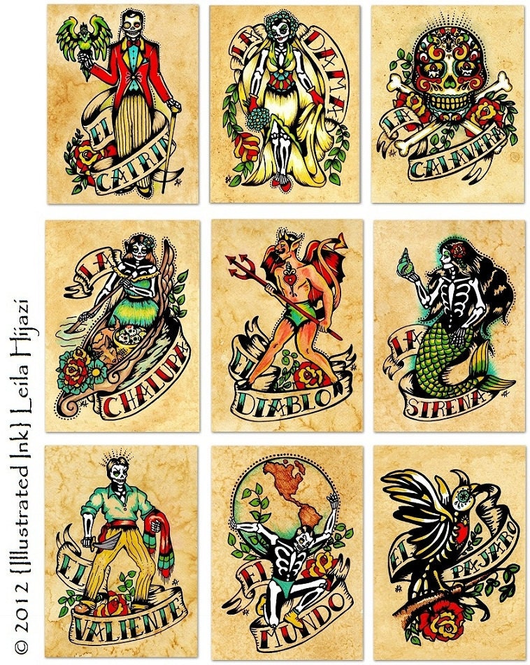 Day of the Dead Art Prints Mexican Loteria 5 x 7 SET of 9 Designs