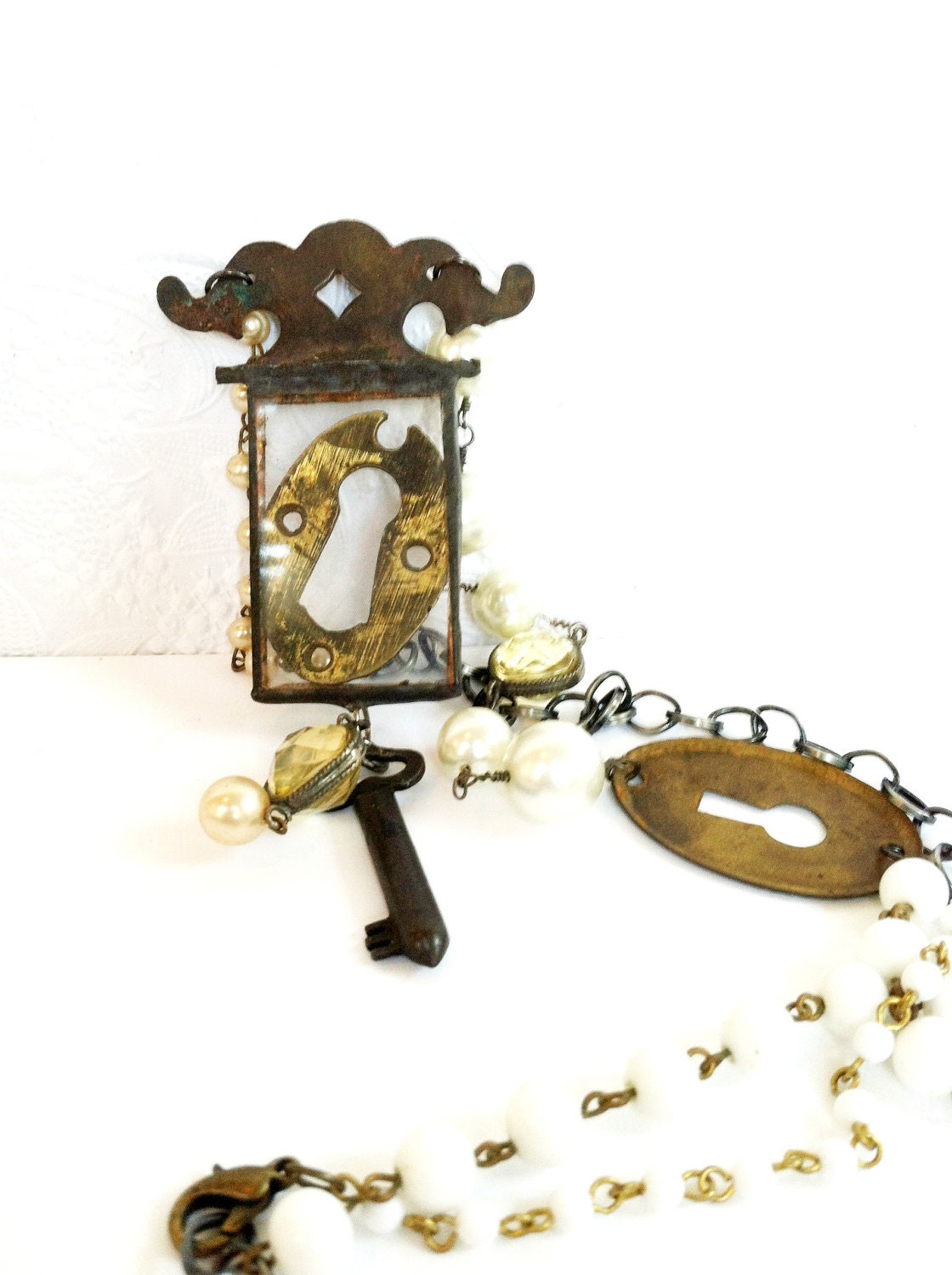 Antique Brass Keyhole And Hinge Necklace, Soldered Glass Shadowbox, Vintage Bead Chain And Pearl Necklace, Bohemian Gypsy Necklace