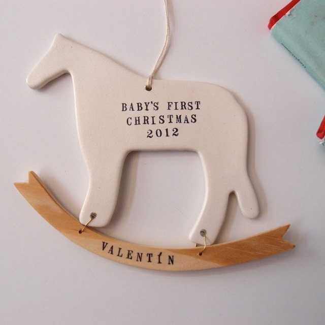 baby's first christmas ornament rocking horse dala decoration personalized words, name in ceramic, wood by Paloma's Nest