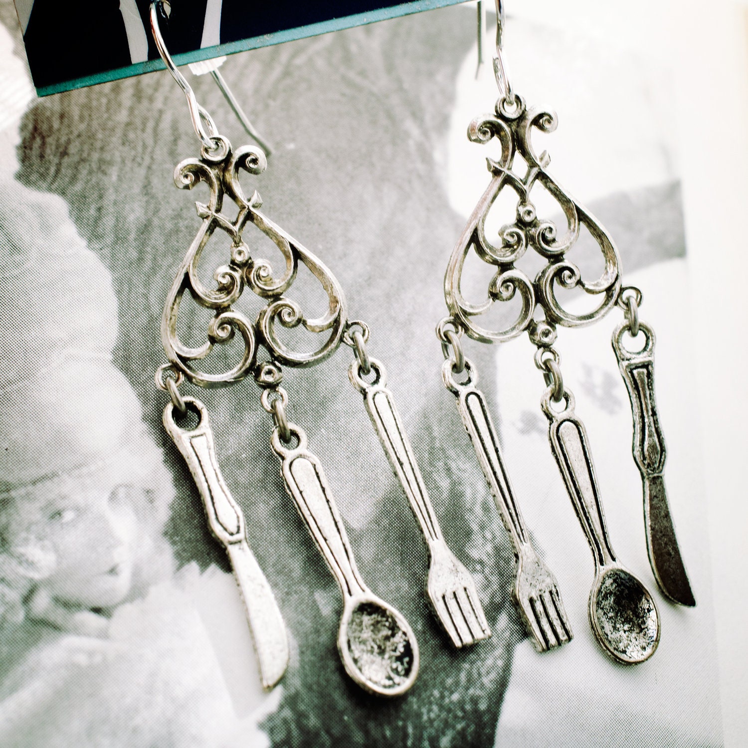 marie antoinette earrings. chandelier earrings with miniature cutlery charms.