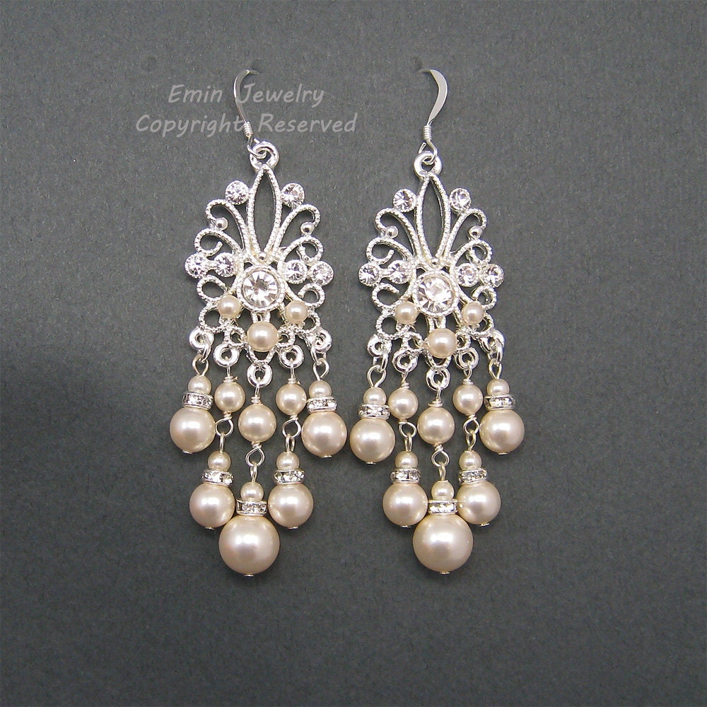 Wedding Earrings, Chandelier Bridal EArrings, Bridal Jewelry, Vintage Style White Ivory Pearls Rhinestone Earrings, Bridesmaid Earrings