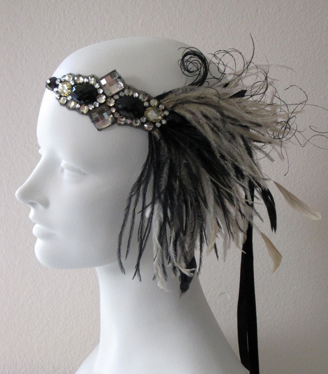Jazz Age Flapper Feather Headband Champagne And black