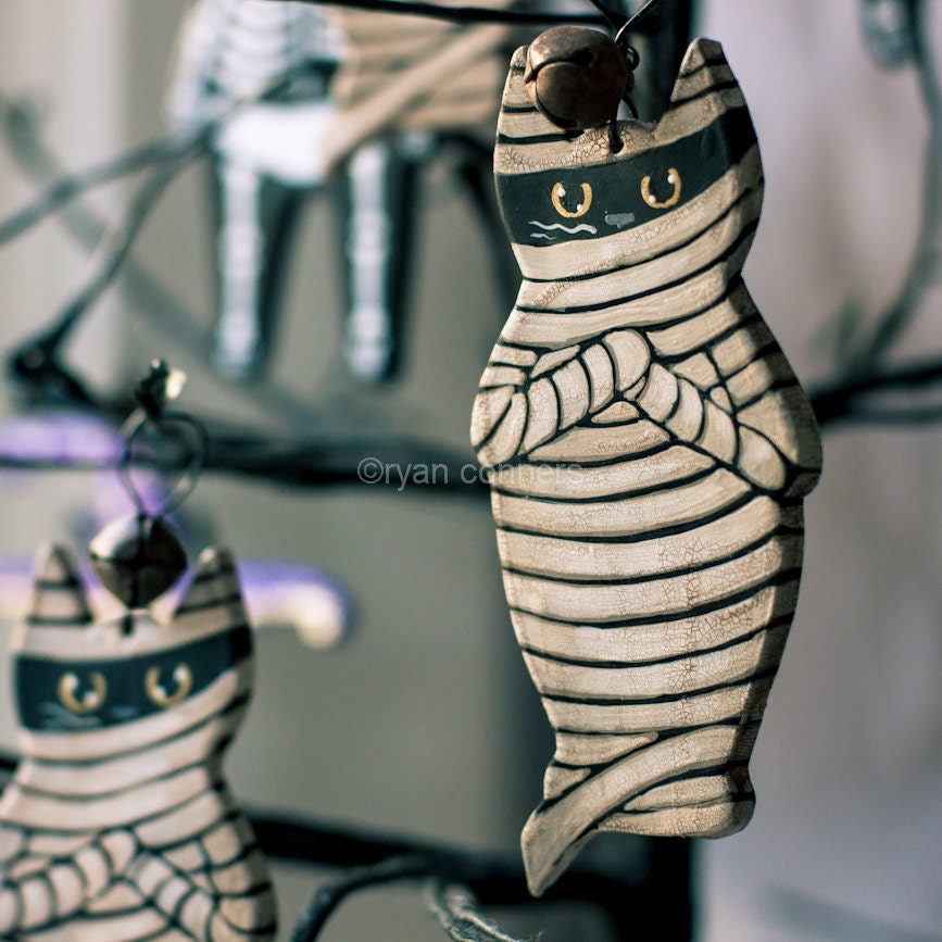 Mummy Cat Halloween Clay Folk Art Ornament