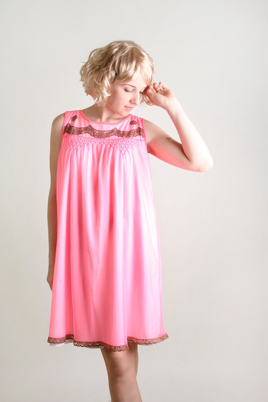 Vintage Neon Nightie Mini Hot Pink Babydoll Nightgown By Zwzzy