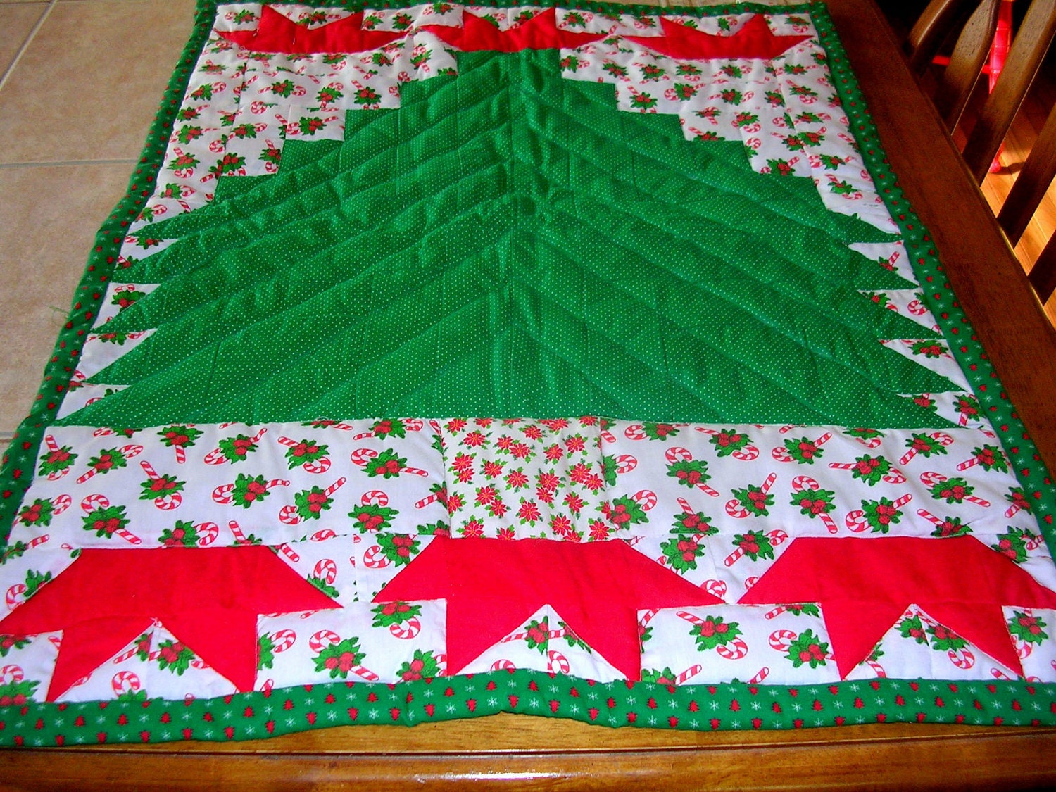 Quilted Christmas Tree Wall Hanging Handmade 24" X 32" Bright Green and Red Christmas Tree Holiday Fabric