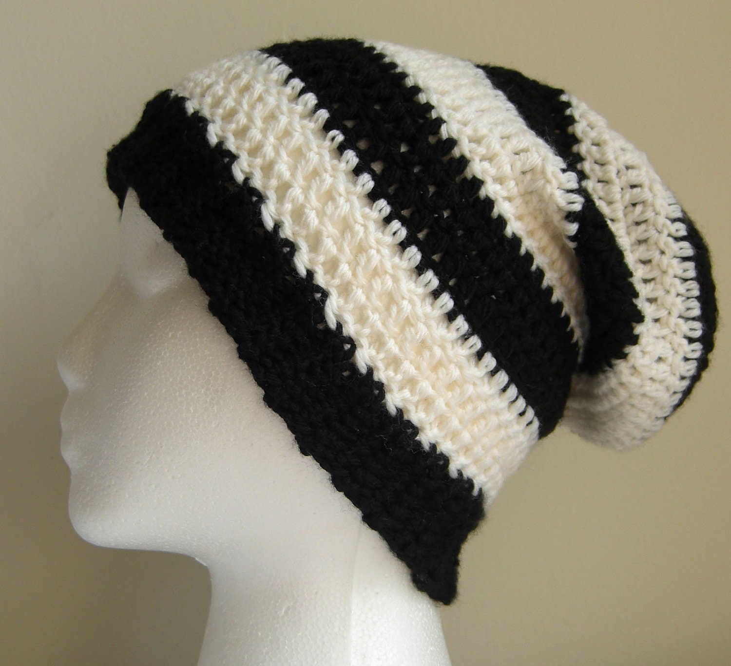 Black and White Slouchy Wool Hat - Crochet Cap