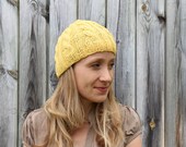 Hand Knit Cable Beanie Woman Hat - Washable Wool Yarn - Lemon Yellow