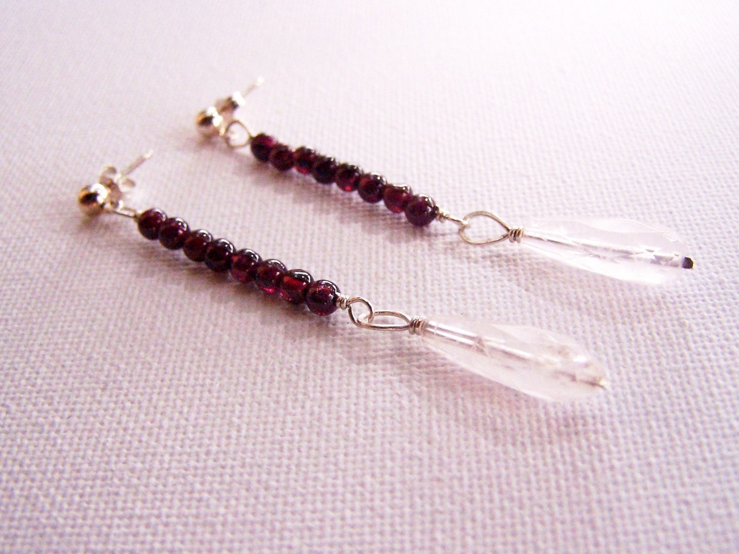 DéLICAT GARNET Rose Quartz Crystal Sterling Silver Post Earrings - Red Garnet Posts Dangle - Delicate Modern Minimalist - Gugma Jewelry