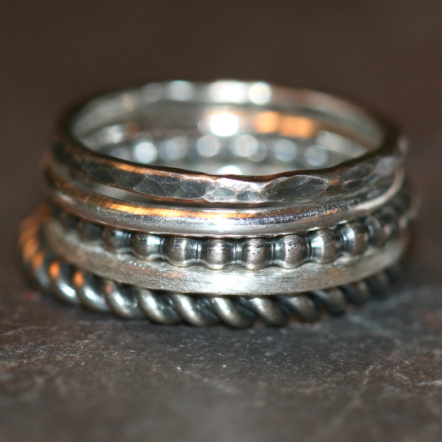 Stack of Five Stacking Rings Fine n Sterling Silver Bands Set US Size 7.5 Oxidized by Maggie McMane Designs