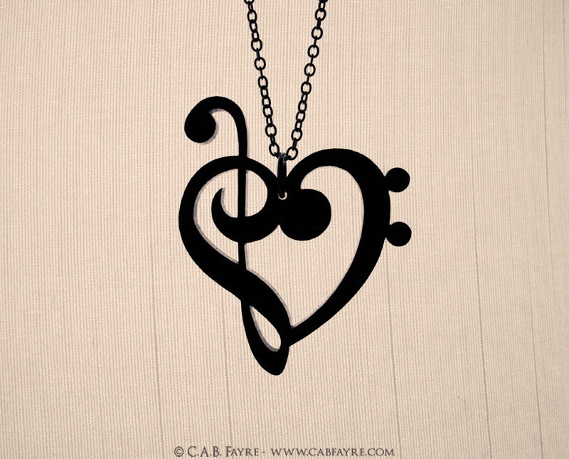 Treble & Bass Clef Heart Necklace - Laser Cut Acrylic - Music Notes