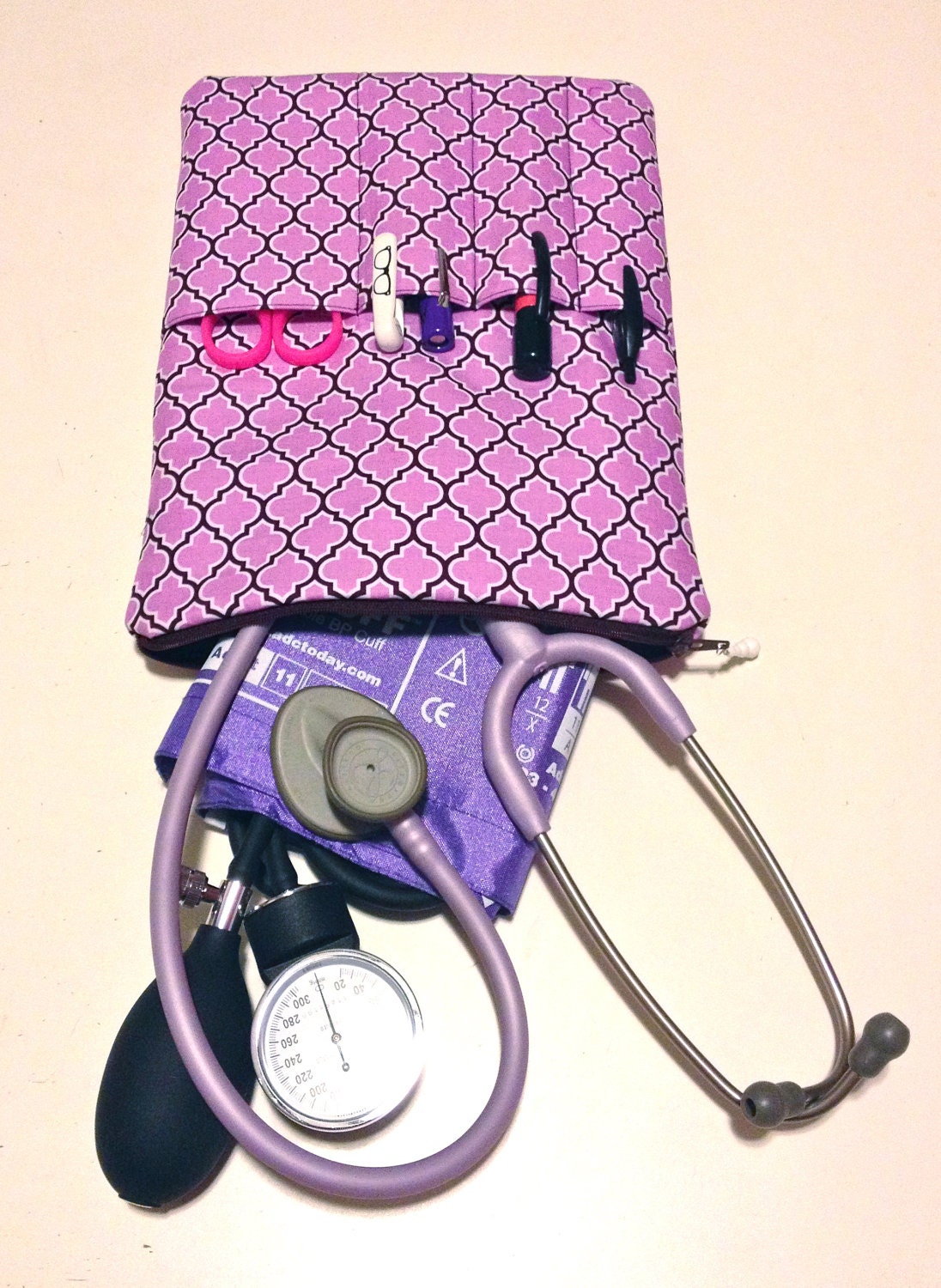 custom fabric medical case, stethoscope and BP cuff case - in lavender lattice (medical pouch, pockets for penlight and tools)