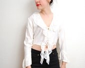 vintage 1990s / cream / lace / rayon / cropped / grunge blouse / ruffle sleeves / S-M