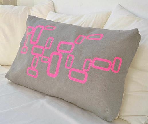 Grey lumbar linen pillow cover with retro neon design