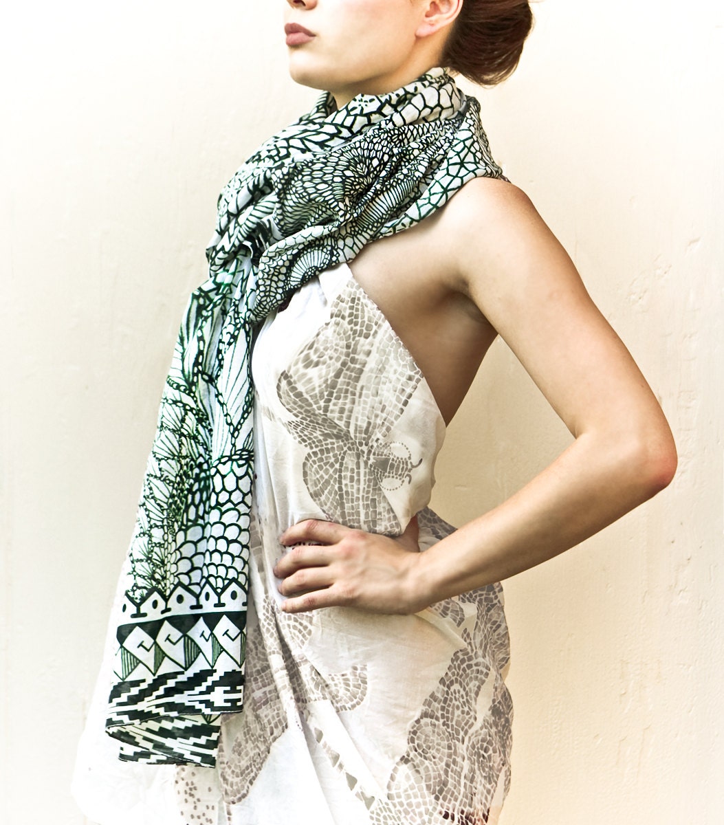 Women scarf, Hand drawn, stylized Tiger, leafs, patterns, stunning unique and useful, perfect gift